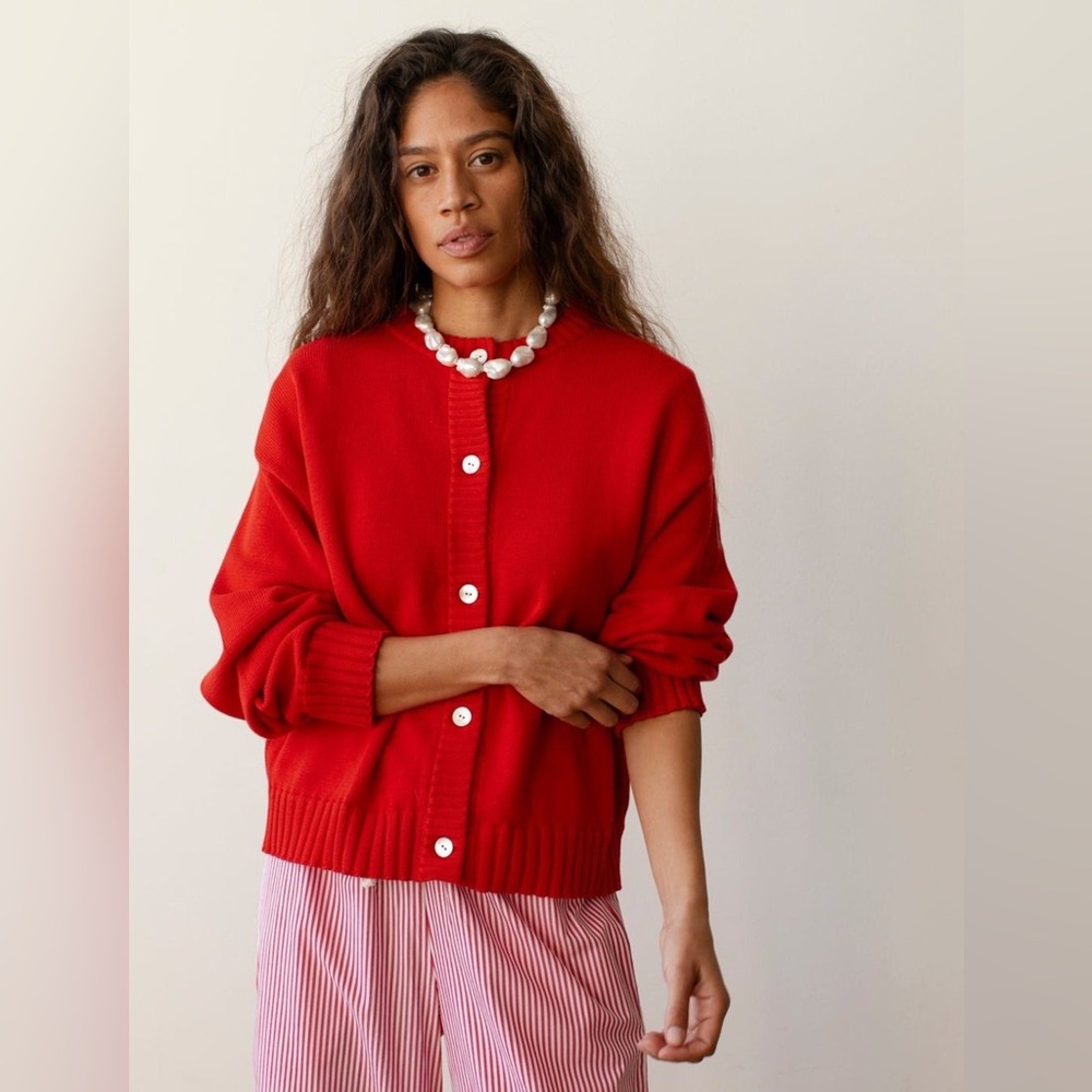 DONNI. The Cotton Knit Cardigan in Bell Pepper Red